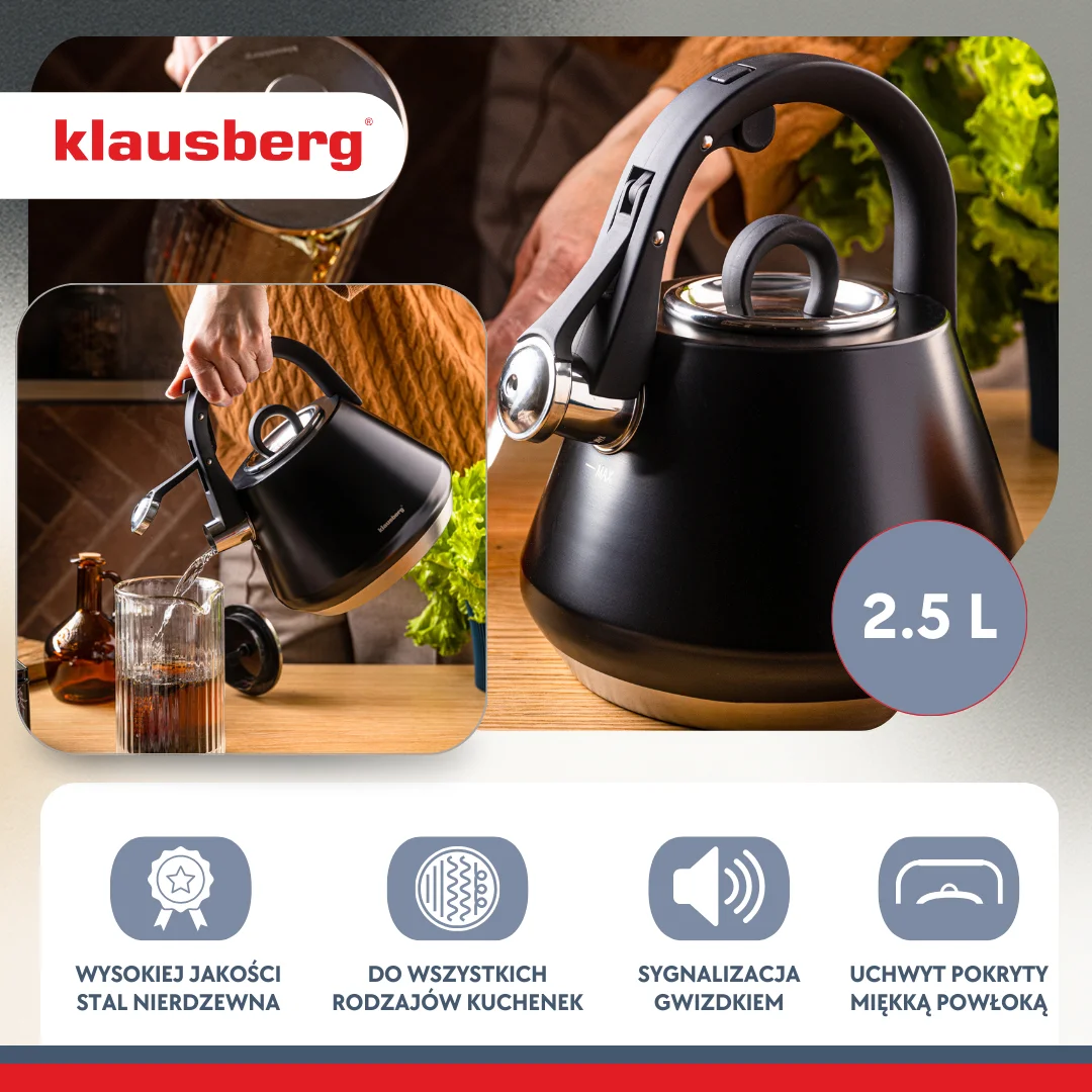 Czajnik stalowy z gwizdkiem 2,5 L czarny mat, Klausberg KB-7948 — zdjęcie 3