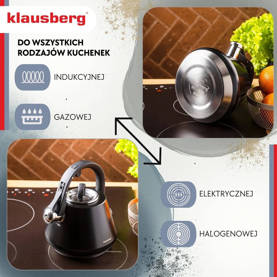 Czajnik stalowy z gwizdkiem 2,5 L czarny mat, Klausberg KB-7948 — zdjęcie 4
