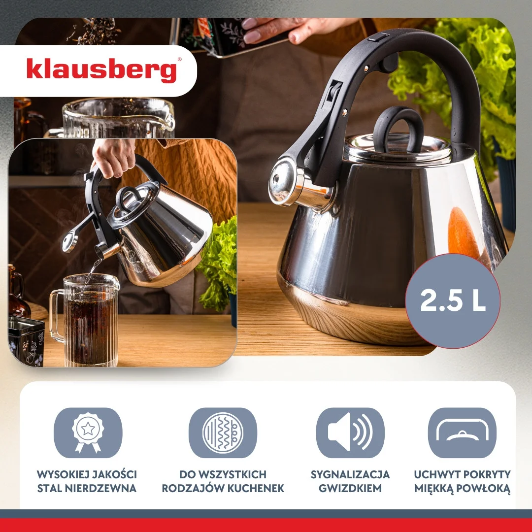 Czajnik stalowy z gwizdkiem 2,5 L połysk, indukcja, Klausberg KB-7947 — zdjęcie 3