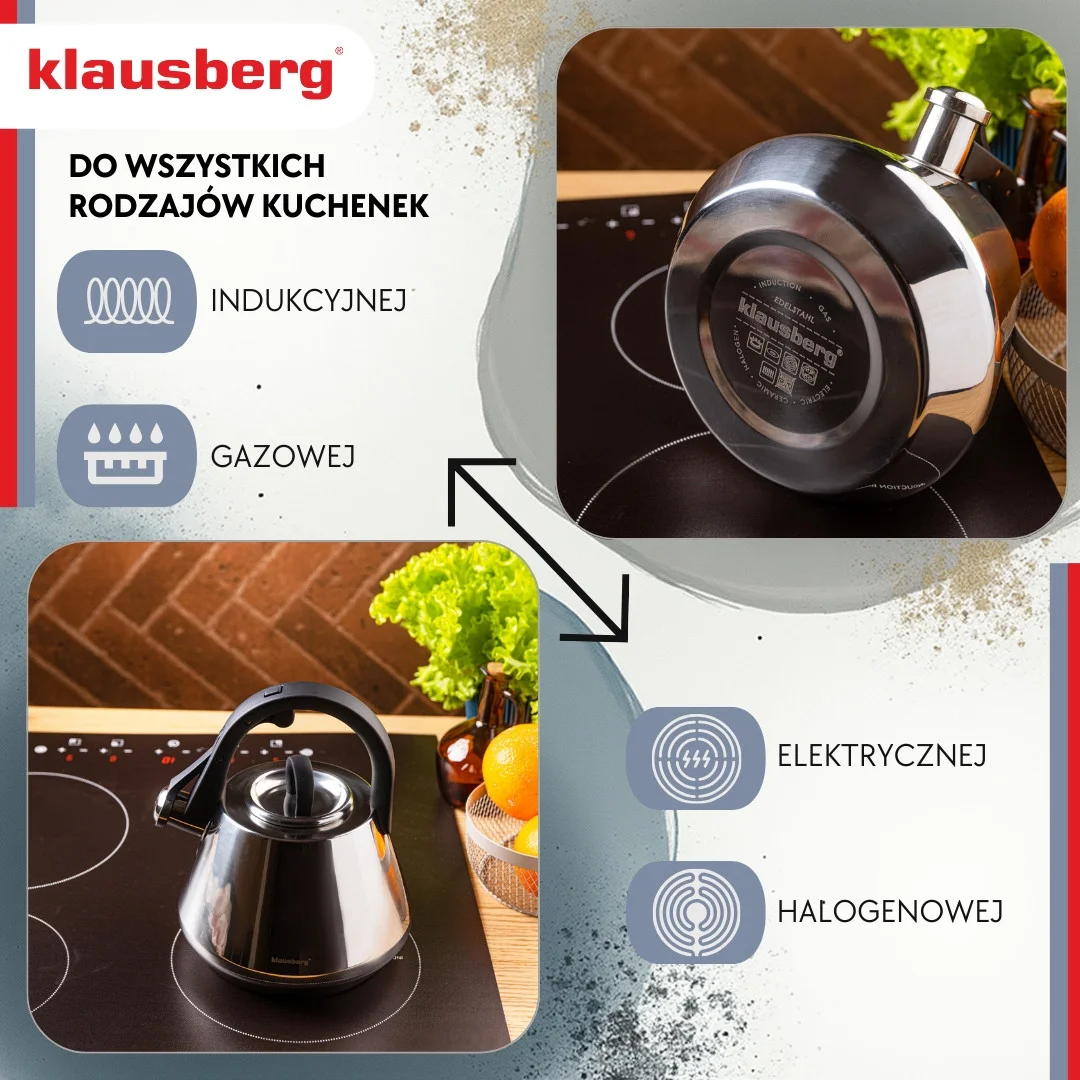 Czajnik stalowy z gwizdkiem 2,5 L połysk, indukcja, Klausberg KB-7947 — zdjęcie 6
