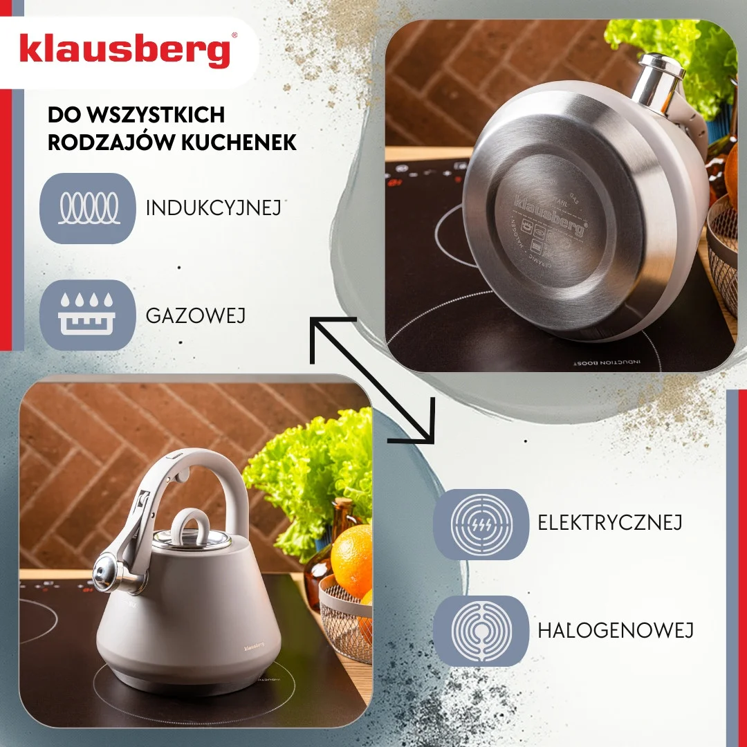 Czajnik stalowy z gwizdkiem 2,5 L szary mat, indukcja, Klausberg KB-7949 — zdjęcie 4