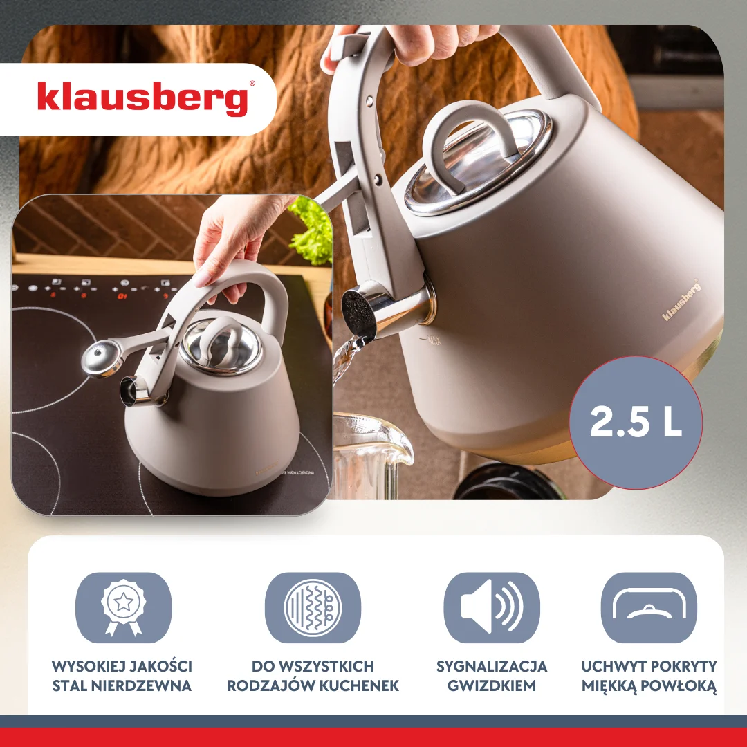 Czajnik stalowy z gwizdkiem 2,5 L szary mat, indukcja, Klausberg KB-7949 — zdjęcie 6