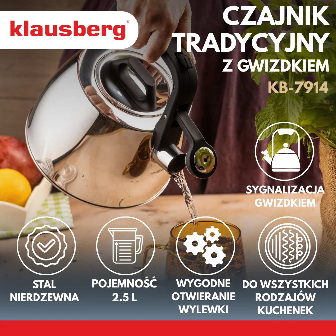 Czajnik tradycyjny, z gwizdkiem, srebrny, 2,5l, Klausberg, KB-7914 — zdjęcie 3