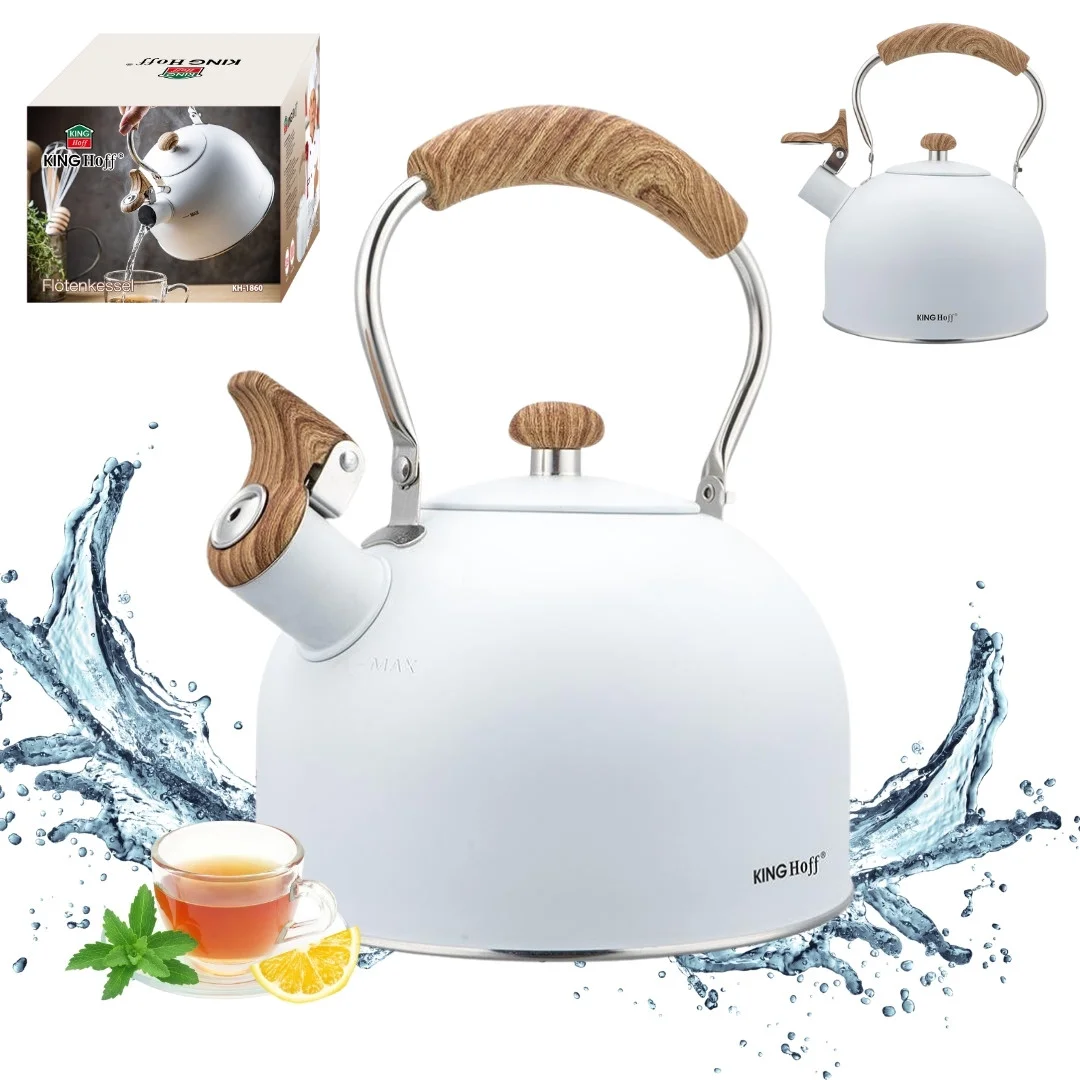 Czajnik z gwizdkiem, 2,5L, biały, z drewnopodobną rączką, KINGHoff — zdjęcie 13