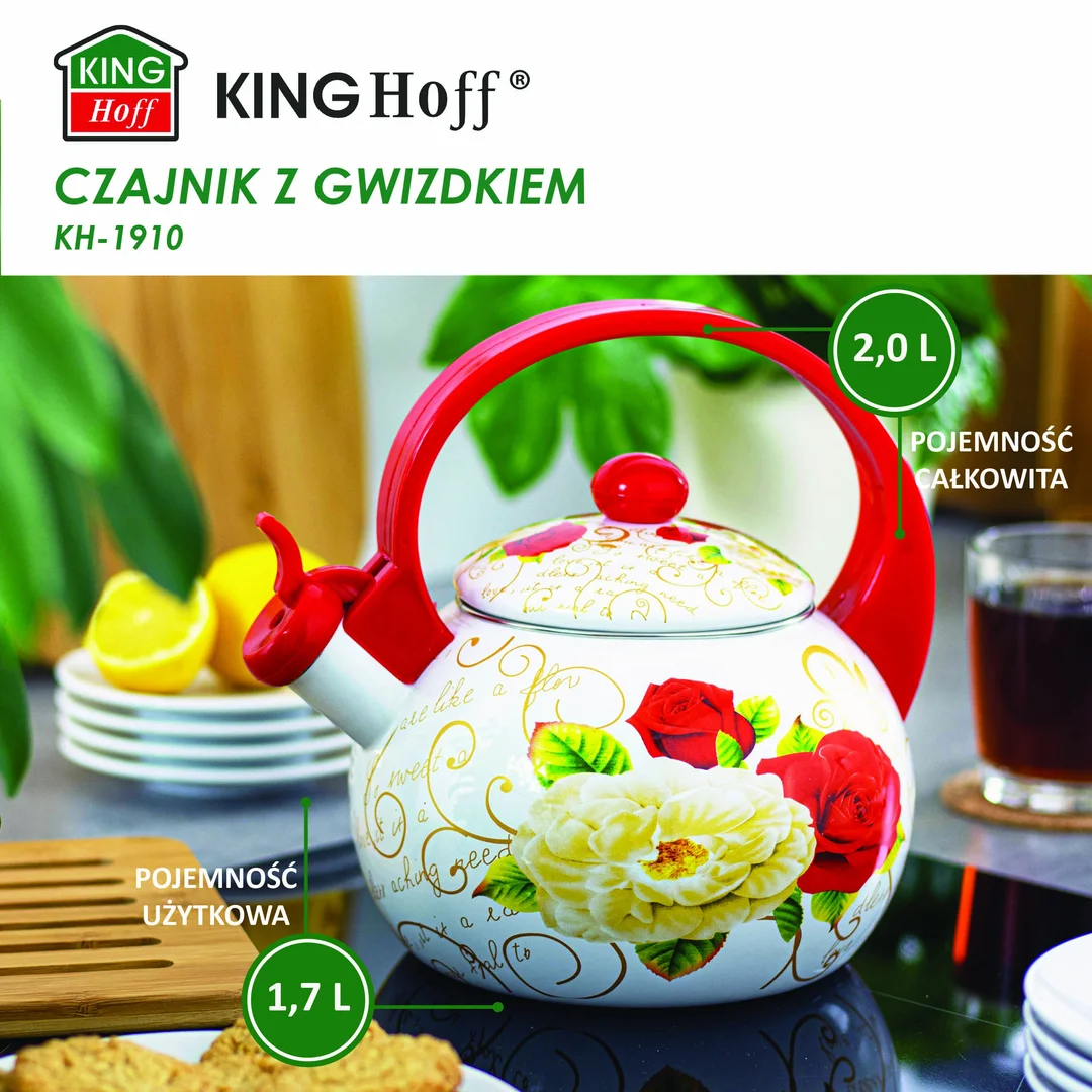 Czajnik z gwizdkiem, stal emaliowana, wzór - czerwone i białe róże, 2l, KINGHoff, KH-1910 — zdjęcie 5