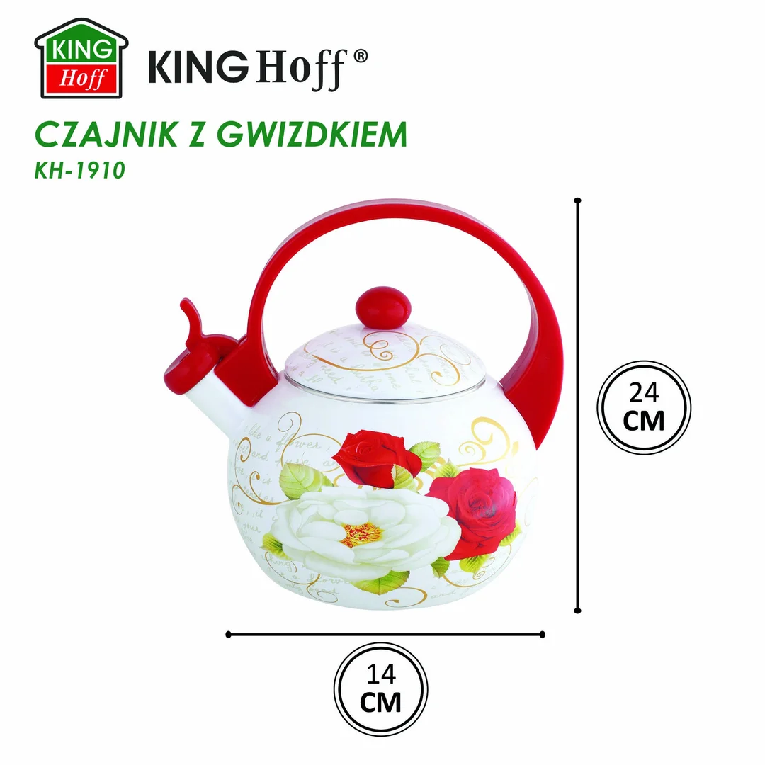 Czajnik z gwizdkiem, stal emaliowana, wzór - czerwone i białe róże, 2l, KINGHoff, KH-1910 — zdjęcie 9