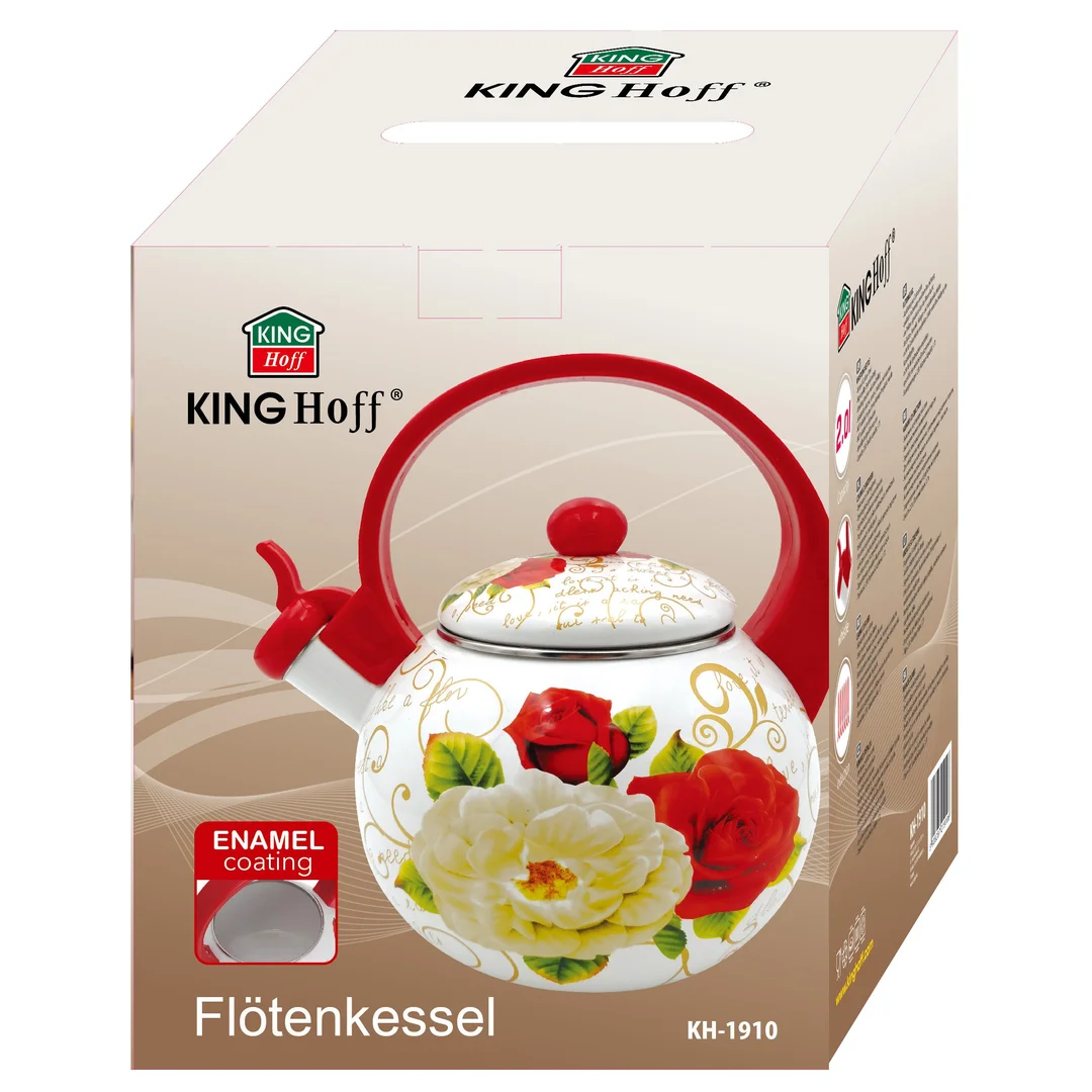 Czajnik z gwizdkiem, stal emaliowana, wzór - czerwone i białe róże, 2l, KINGHoff, KH-1910 — zdjęcie 10
