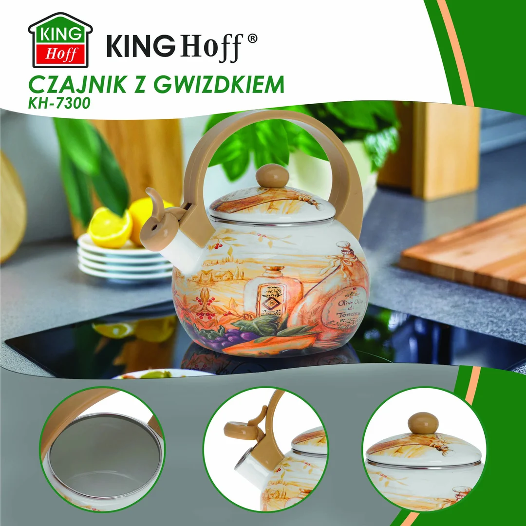 Czajnik z gwizdkiem, stal emaliowana, wzór - toskańska oliwa, 2l, KINGHoff, KH-3700 — zdjęcie 2