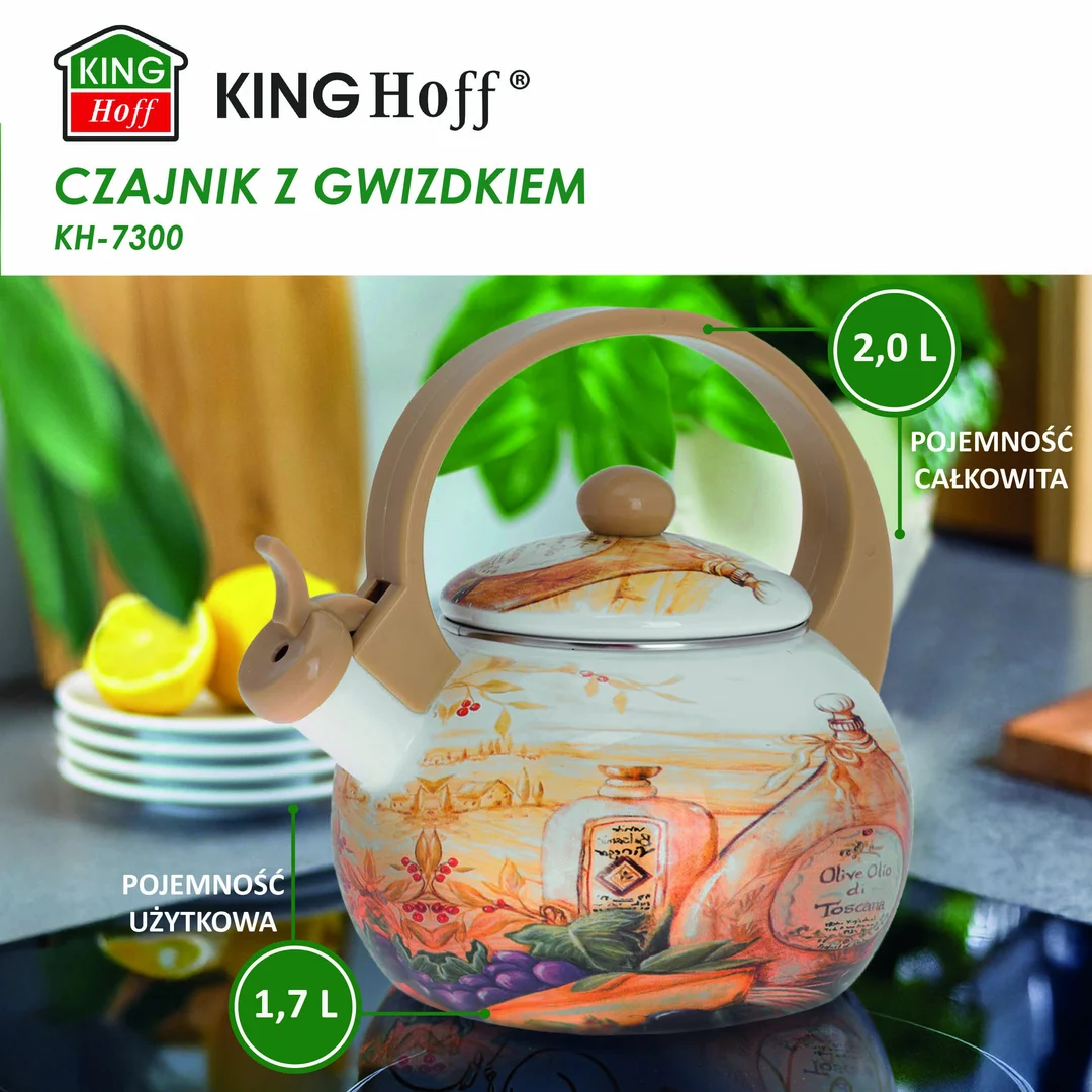 Czajnik z gwizdkiem, stal emaliowana, wzór - toskańska oliwa, 2l, KINGHoff, KH-3700 — zdjęcie 3