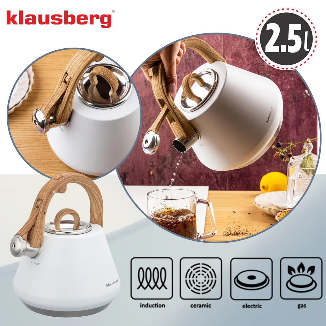 Czajnik z gwizdkiem, stal nierdzewna, 2,5 L, biały kolor, Klausberg — zdjęcie 3