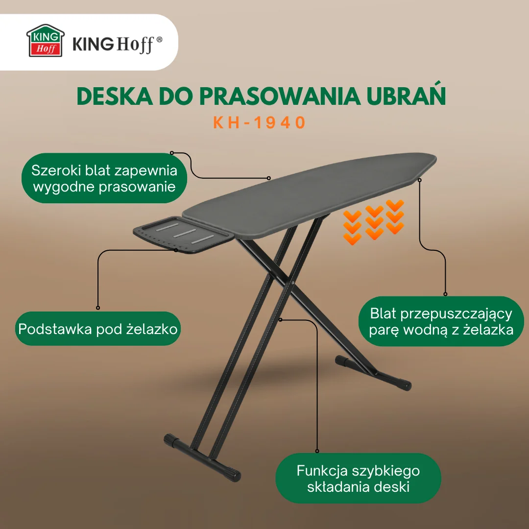 Deska do prasowania, 122 cm x 38 cm, 7 poziomów, KINGHOFF, KH-1940 — zdjęcie 3