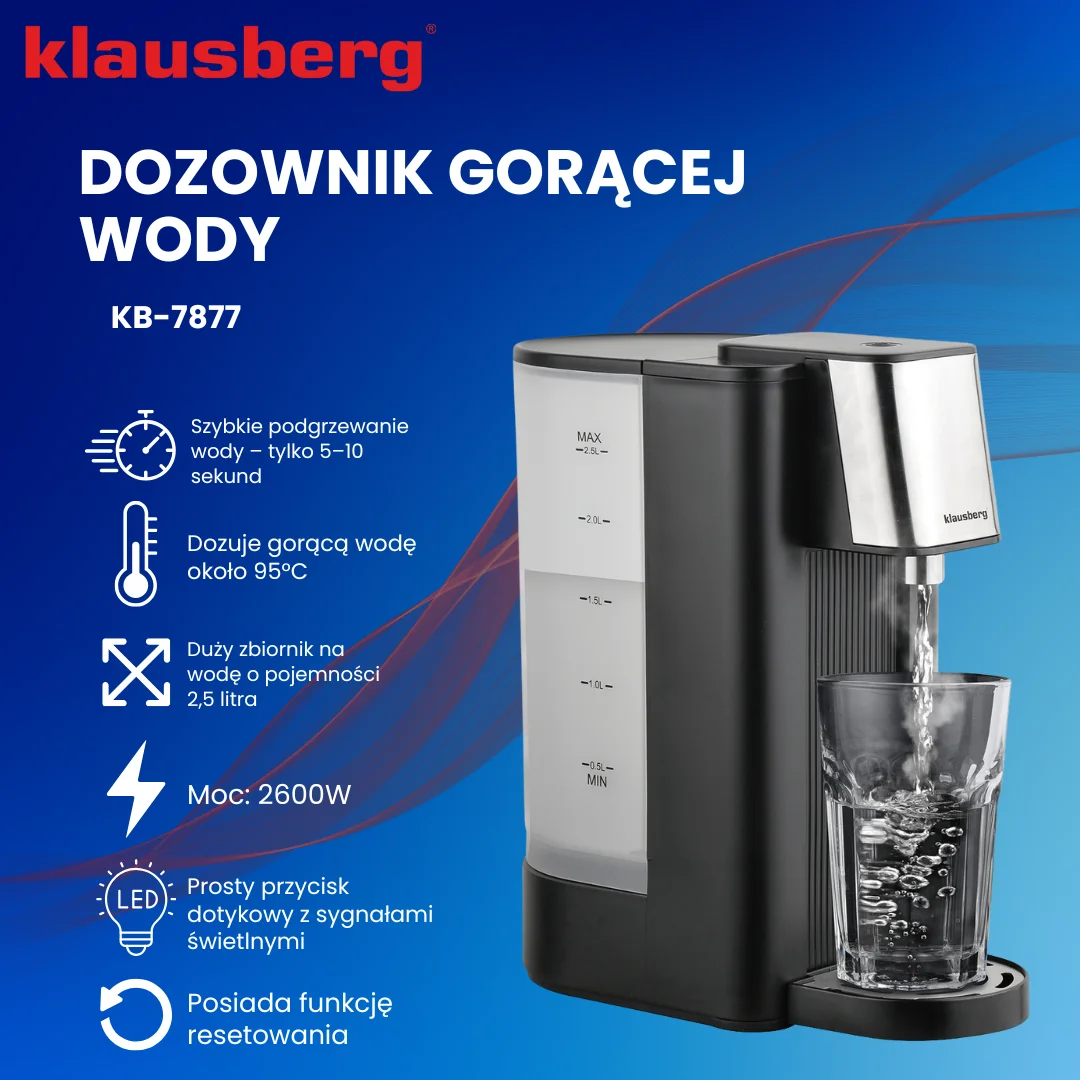 Dozownik gorącej wody, dyspenser, czarny ze srebrnymi elementami ze stali nierdzewnej 2,5l, Klausberg, KB-7877 — zdjęcie 6