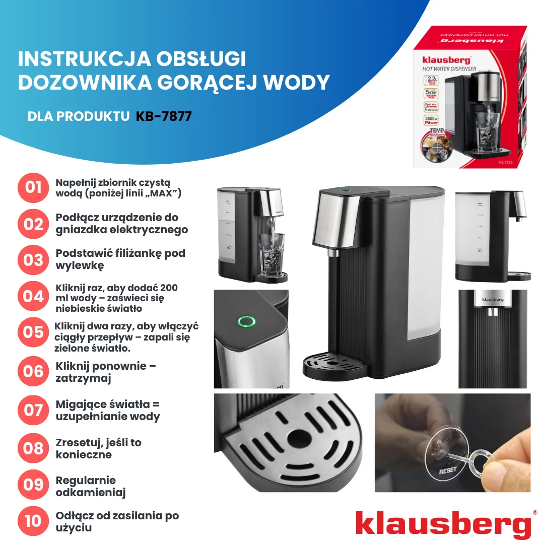 Dozownik gorącej wody, dyspenser, czarny ze srebrnymi elementami ze stali nierdzewnej 2,5l, Klausberg, KB-7877 — zdjęcie 9
