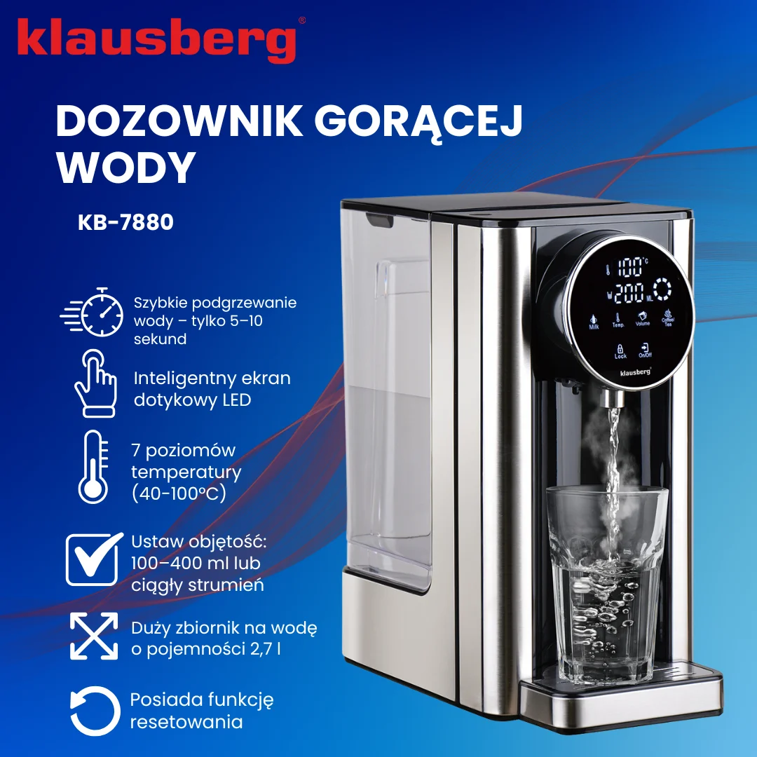 Dozownik gorącej wody, dyspenser, dotykowy panel LED, regulacja temperatury i objętości, 2,7l, Klausberg, KB-7880 — zdjęcie 4