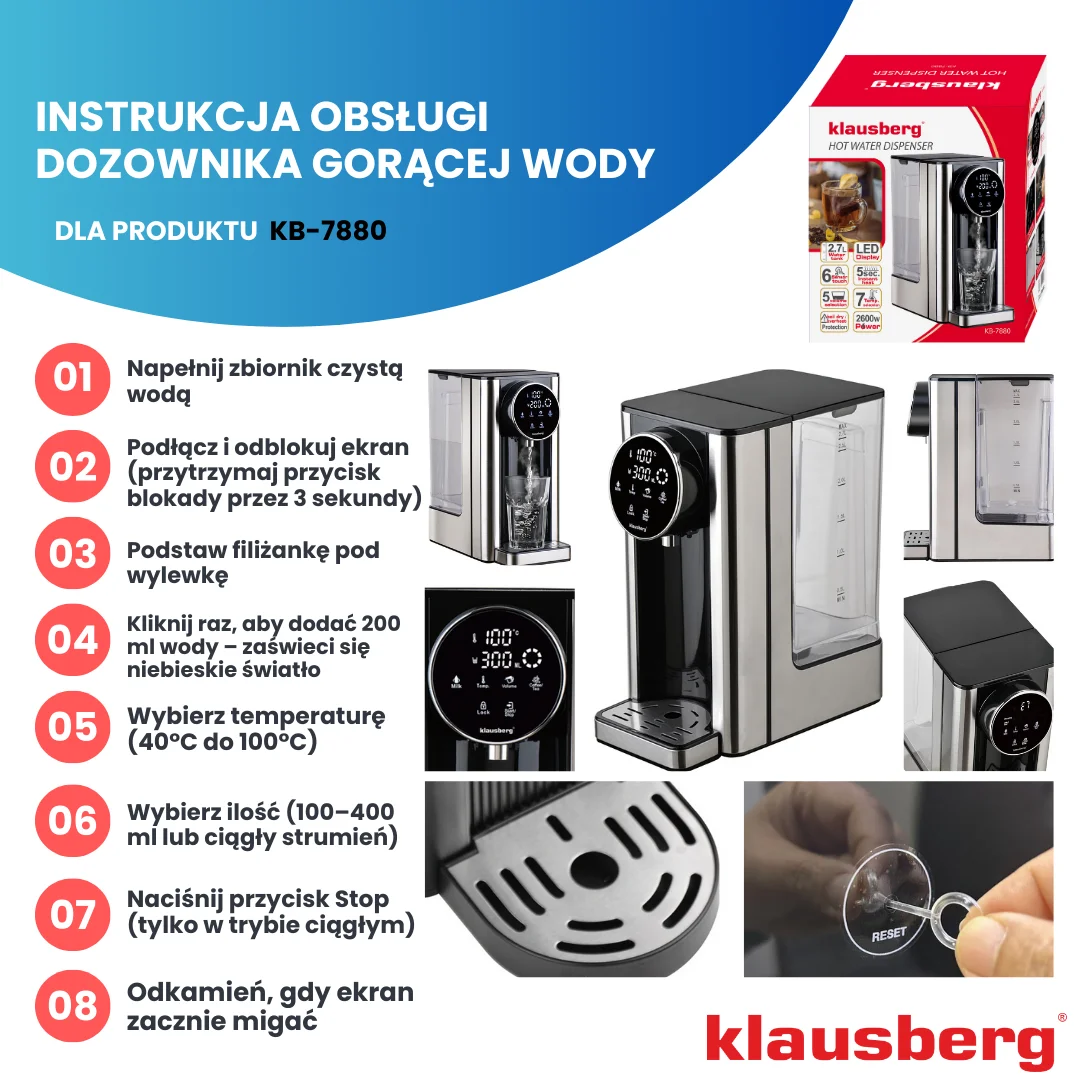 Dozownik gorącej wody, dyspenser, dotykowy panel LED, regulacja temperatury i objętości, 2,7l, Klausberg, KB-7880 — zdjęcie 7
