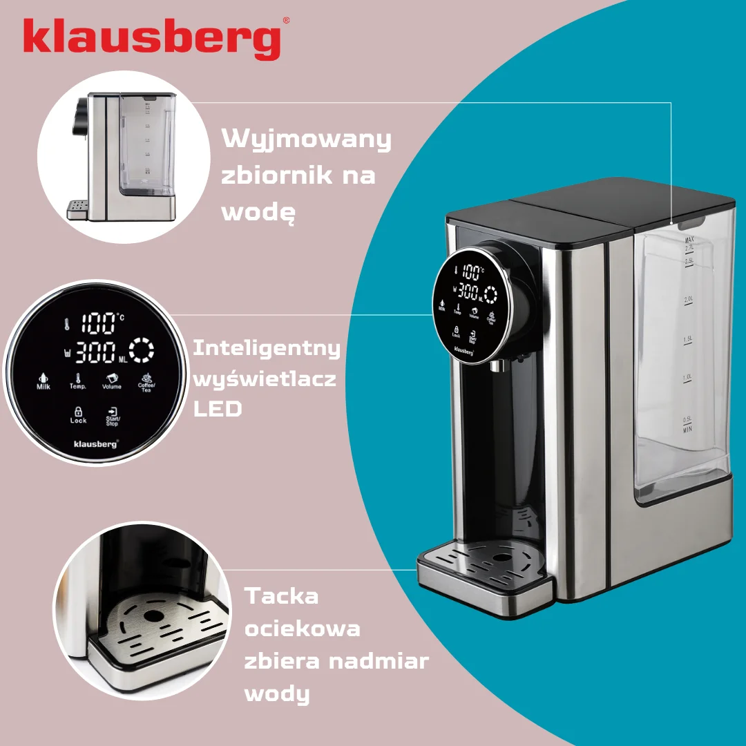 Dozownik gorącej wody, dyspenser, dotykowy panel LED, regulacja temperatury i objętości, 2,7l, Klausberg, KB-7880 — zdjęcie 8
