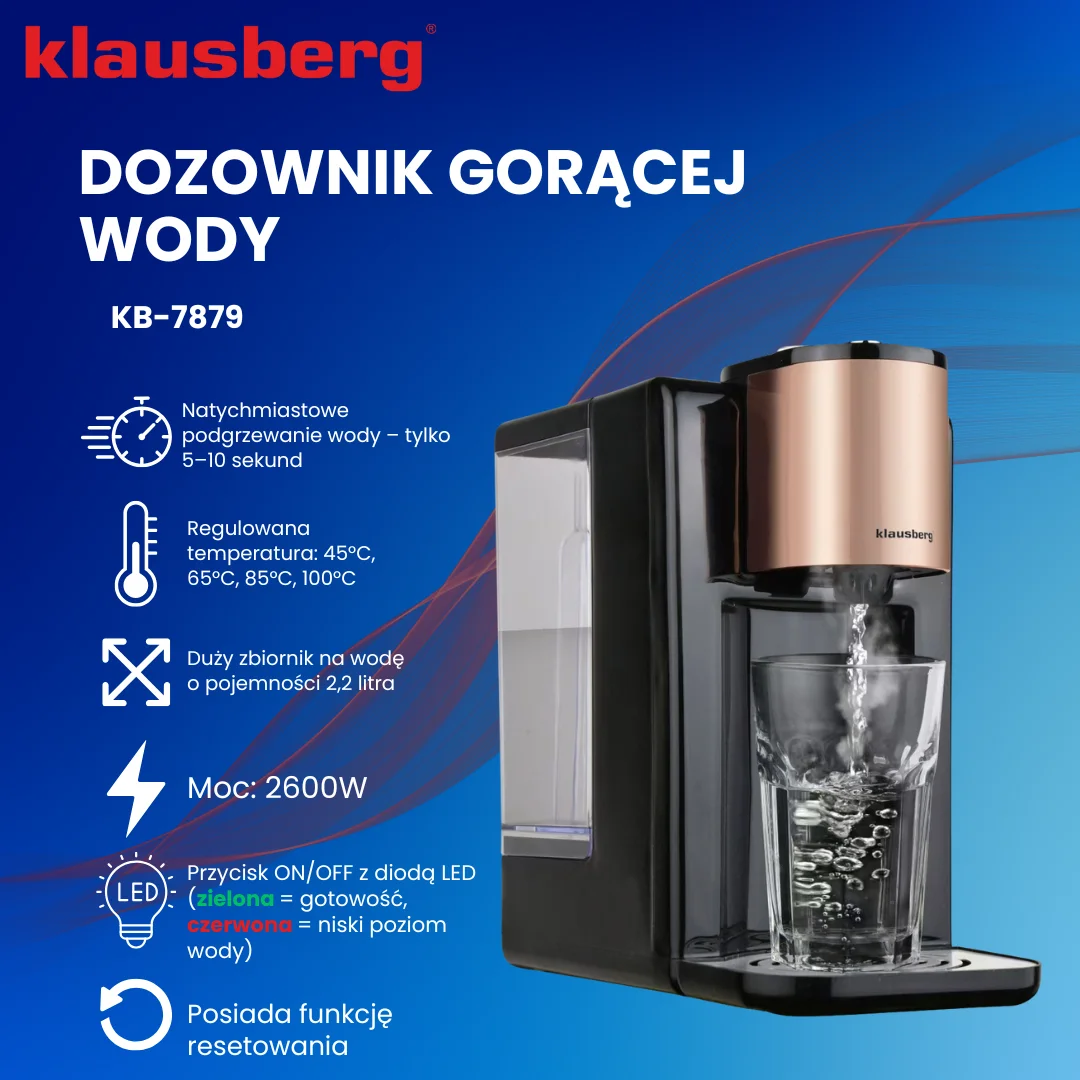 Dozownik gorącej wody, dyspenser, regulacja temperatury 45-100°C, czarny z różowym złotem, 2,2L, Klausberg, KB-7879 — zdjęcie 3