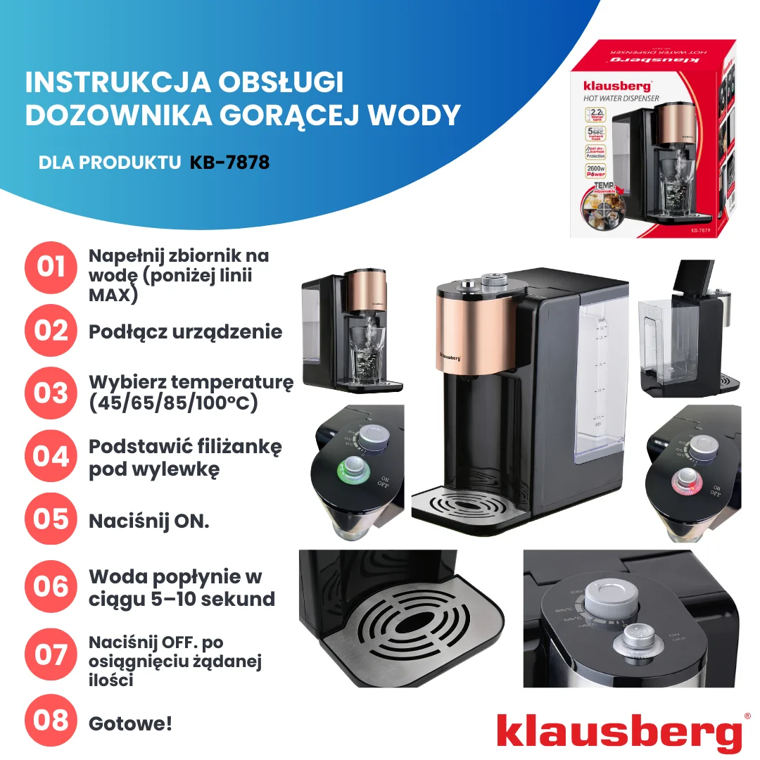 Dozownik gorącej wody, dyspenser, regulacja temperatury 45-100°C, czarny z różowym złotem, 2,2L, Klausberg, KB-7879 — zdjęcie 5