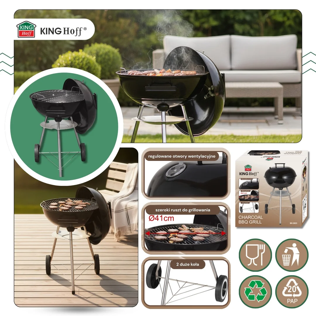 Grill węglowy ogrodowy, z pokrywą, na kółkach, KINGHOFF, KH-2033 — zdjęcie 3