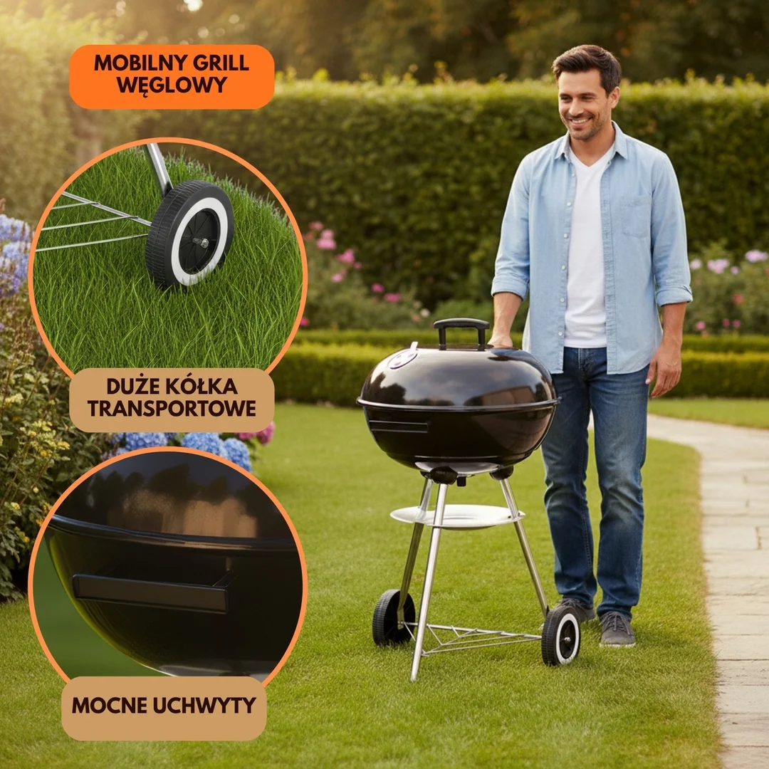 Grill węglowy ogrodowy, z pokrywą, na kółkach, KINGHOFF, KH-2033 — zdjęcie 6