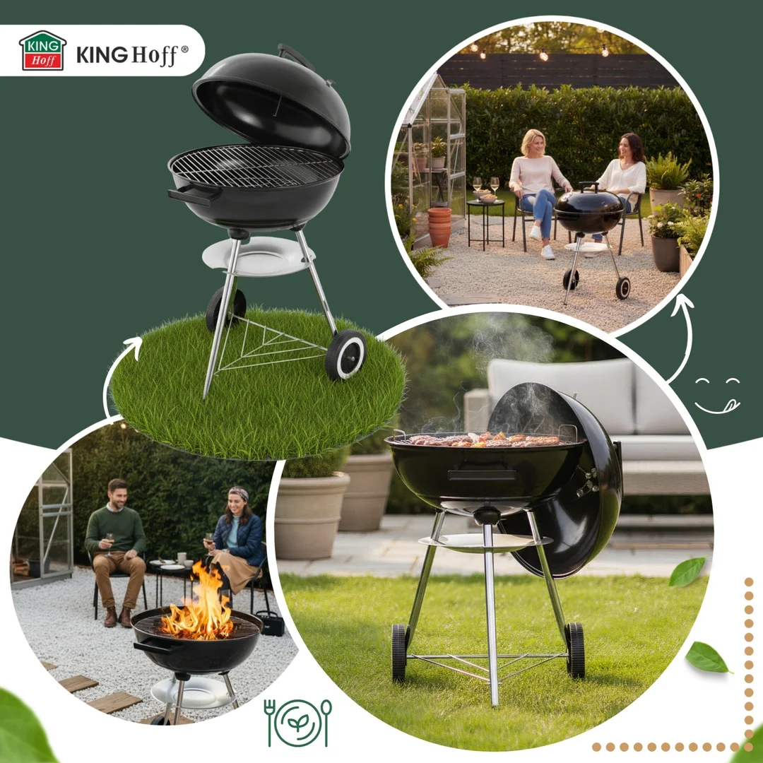 Grill węglowy ogrodowy, z pokrywą, na kółkach, KINGHOFF, KH-2033 — zdjęcie 8