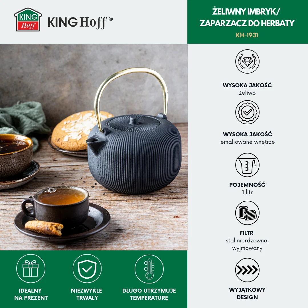 Imbryk żeliwny z sitkiem, emaliowane wnętrze, 1l, czarny ze złotym uchwytem, KINGHoff, KH-1931 — zdjęcie 3