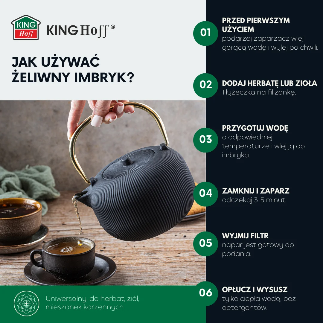 Imbryk żeliwny z sitkiem, emaliowane wnętrze, 1l, czarny ze złotym uchwytem, KINGHoff, KH-1931 — zdjęcie 12