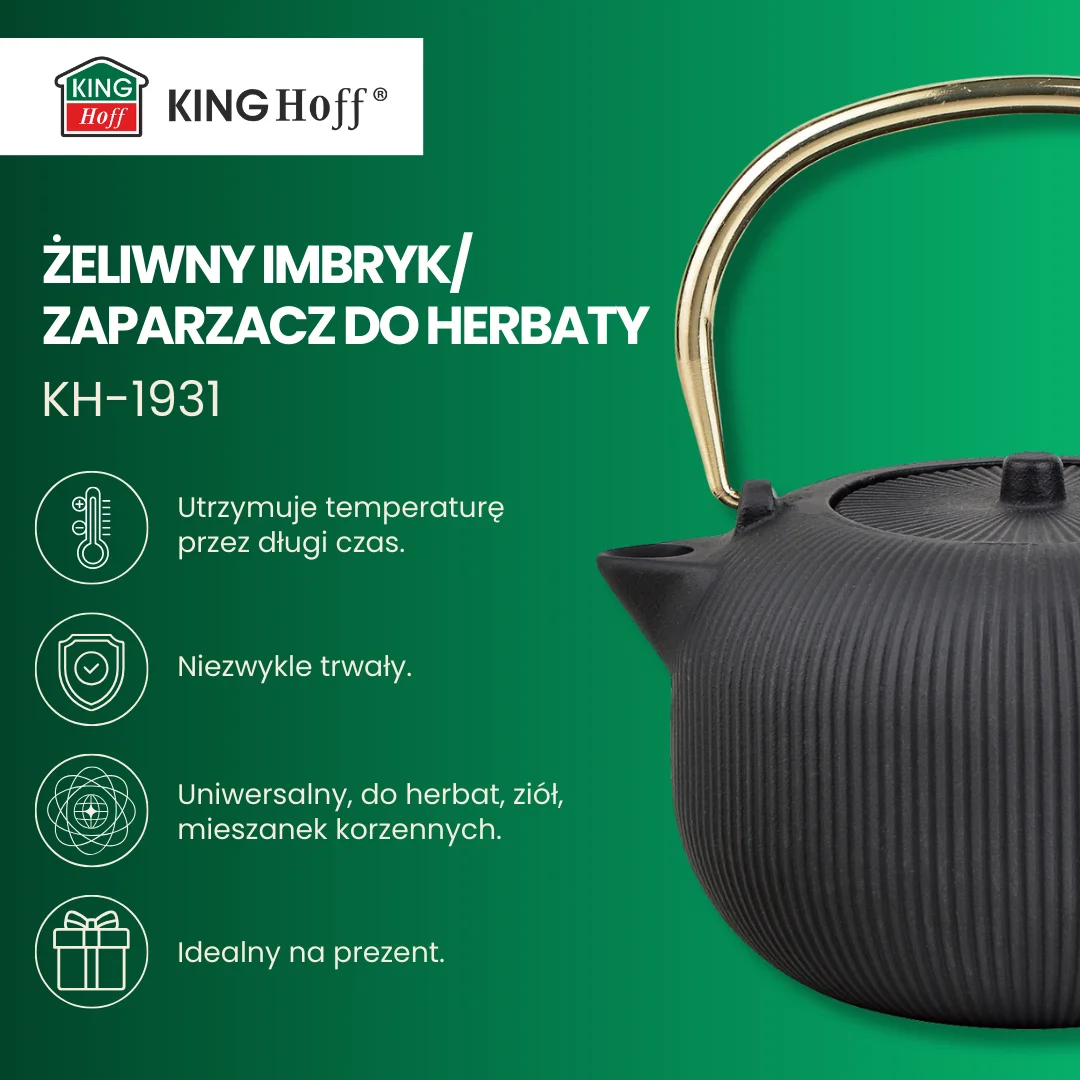 Imbryk żeliwny z sitkiem, emaliowane wnętrze, 1l, czarny ze złotym uchwytem, KINGHoff, KH-1931 — zdjęcie 10