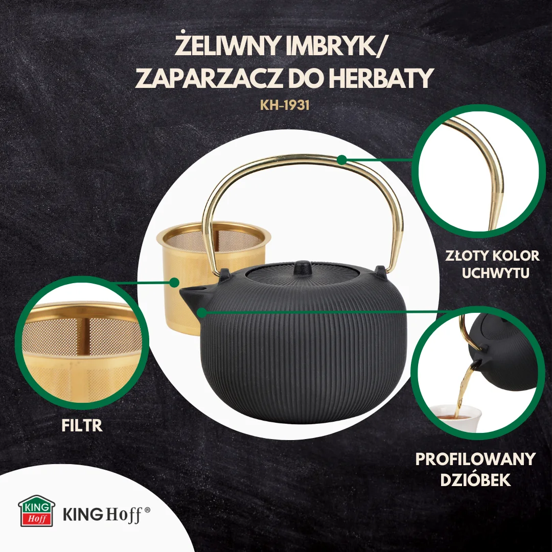 Imbryk żeliwny z sitkiem, emaliowane wnętrze, 1l, czarny ze złotym uchwytem, KINGHoff, KH-1931 — zdjęcie 11
