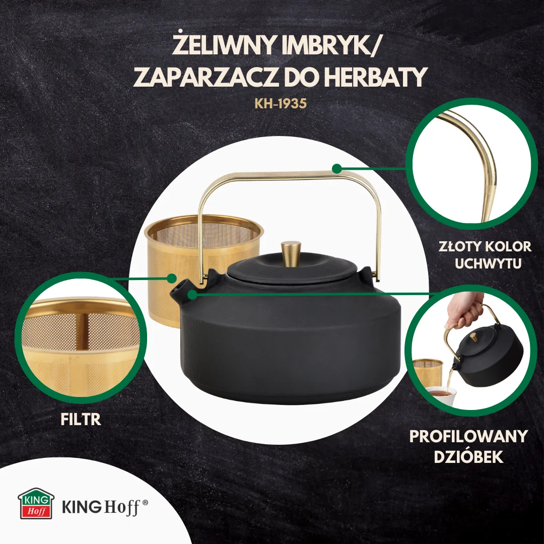 Imbryk żeliwny z sitkiem, emaliowane wnętrze, 1l, czarny ze złotymi elementami, KINGHoff, KH-1935 — zdjęcie 6