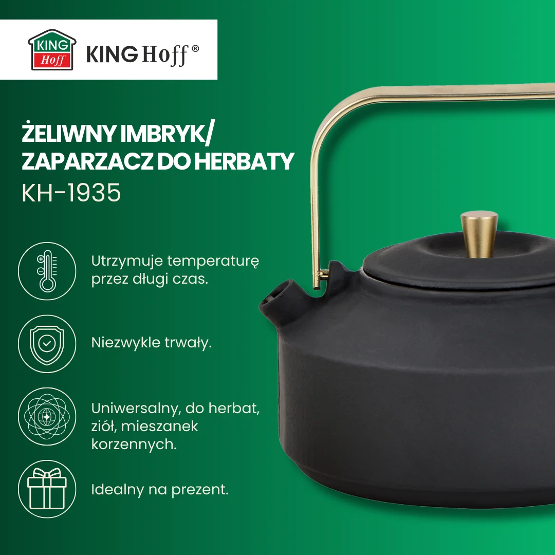 Imbryk żeliwny z sitkiem, emaliowane wnętrze, 1l, czarny ze złotymi elementami, KINGHoff, KH-1935 — zdjęcie 7