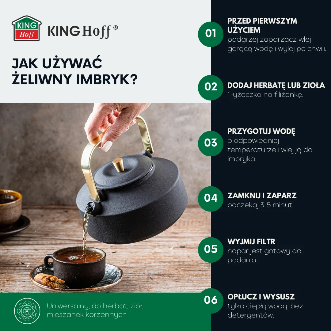 Imbryk żeliwny z sitkiem, emaliowane wnętrze, 1l, czarny ze złotymi elementami, KINGHoff, KH-1935 — zdjęcie 10