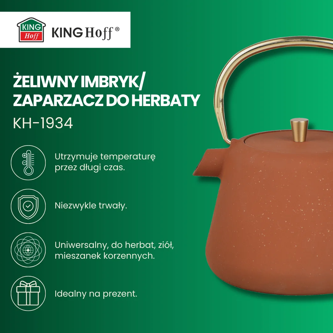 Imbryk żeliwny z sitkiem, emaliowane wnętrze, 1l, rdzawy z brokatem, złote elementy, KINGHoff, KH-1934 — zdjęcie 3