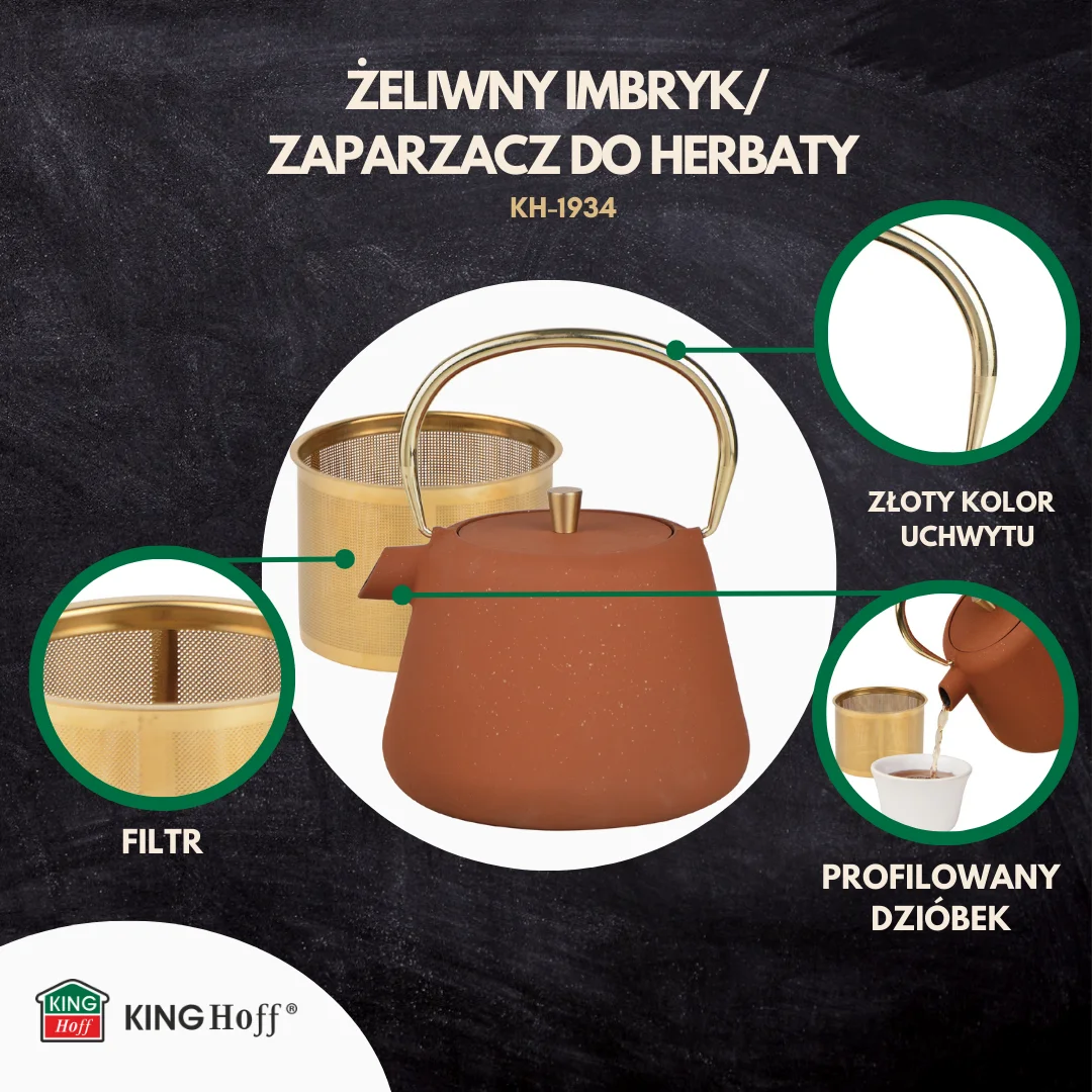 Imbryk żeliwny z sitkiem, emaliowane wnętrze, 1l, rdzawy z brokatem, złote elementy, KINGHoff, KH-1934 — zdjęcie 8