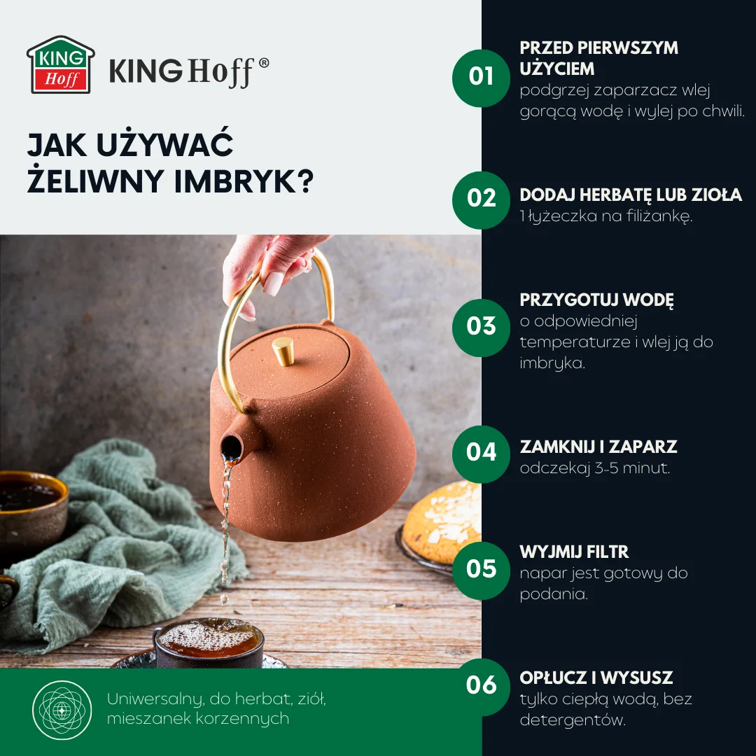 Imbryk żeliwny z sitkiem, emaliowane wnętrze, 1l, rdzawy z brokatem, złote elementy, KINGHoff, KH-1934 — zdjęcie 9