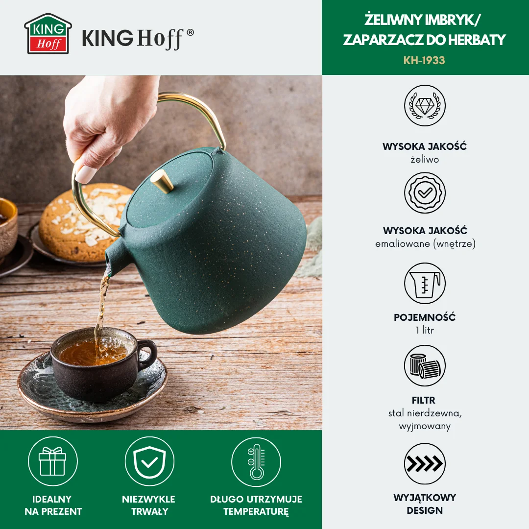 Imbryk żeliwny z sitkiem, emaliowane wnętrze, 1l, zielony z brokatem, złote elementy, KINGHoff, KH-1933 — zdjęcie 3
