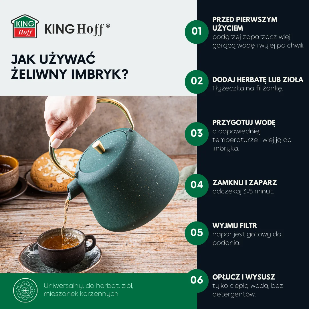 Imbryk żeliwny z sitkiem, emaliowane wnętrze, 1l, zielony z brokatem, złote elementy, KINGHoff, KH-1933 — zdjęcie 15