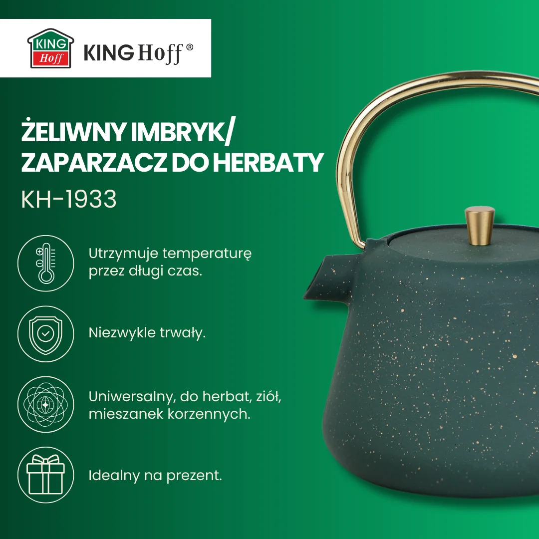 Imbryk żeliwny z sitkiem, emaliowane wnętrze, 1l, zielony z brokatem, złote elementy, KINGHoff, KH-1933 — zdjęcie 5