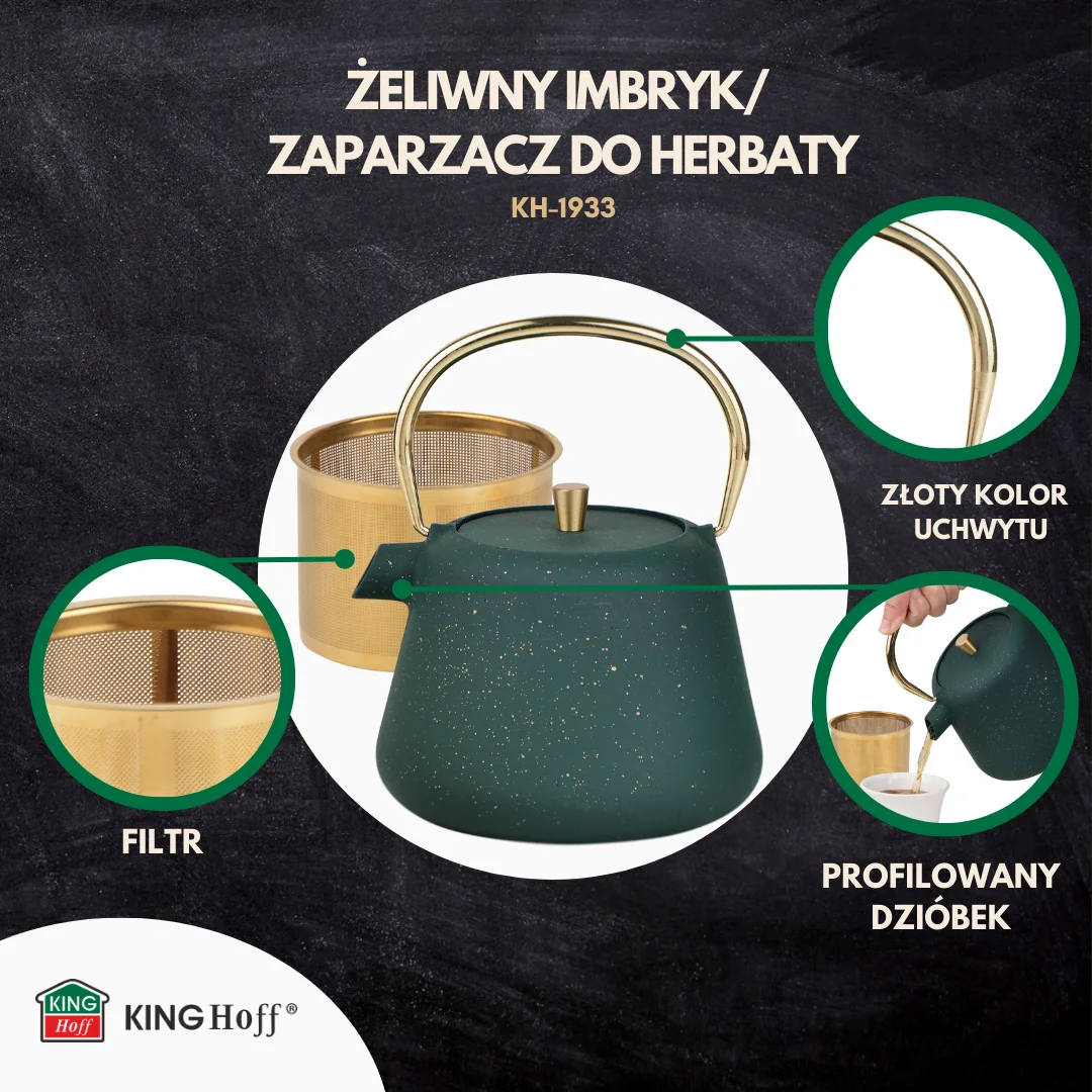 Imbryk żeliwny z sitkiem, emaliowane wnętrze, 1l, zielony z brokatem, złote elementy, KINGHoff, KH-1933 — zdjęcie 8