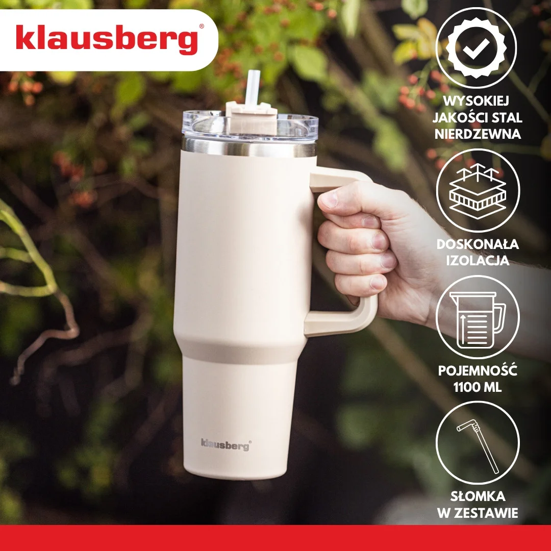 Kubek termiczny ze słomką, beżowy, 1100 ml, stal nierdzewna, Klausberg, KB-7944 — zdjęcie 4