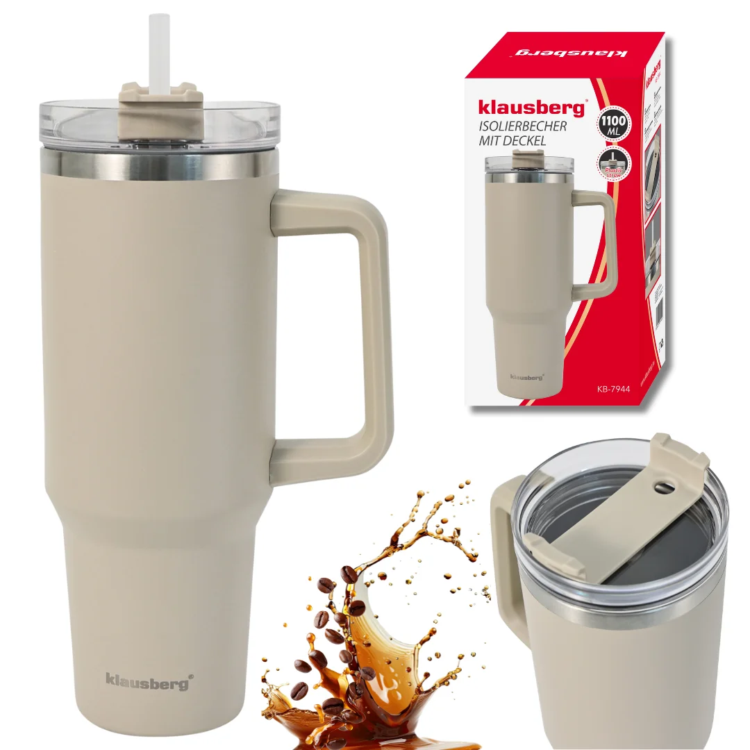 Kubek termiczny ze słomką, beżowy, 1100 ml, stal nierdzewna, Klausberg, KB-7944 — zdjęcie 6
