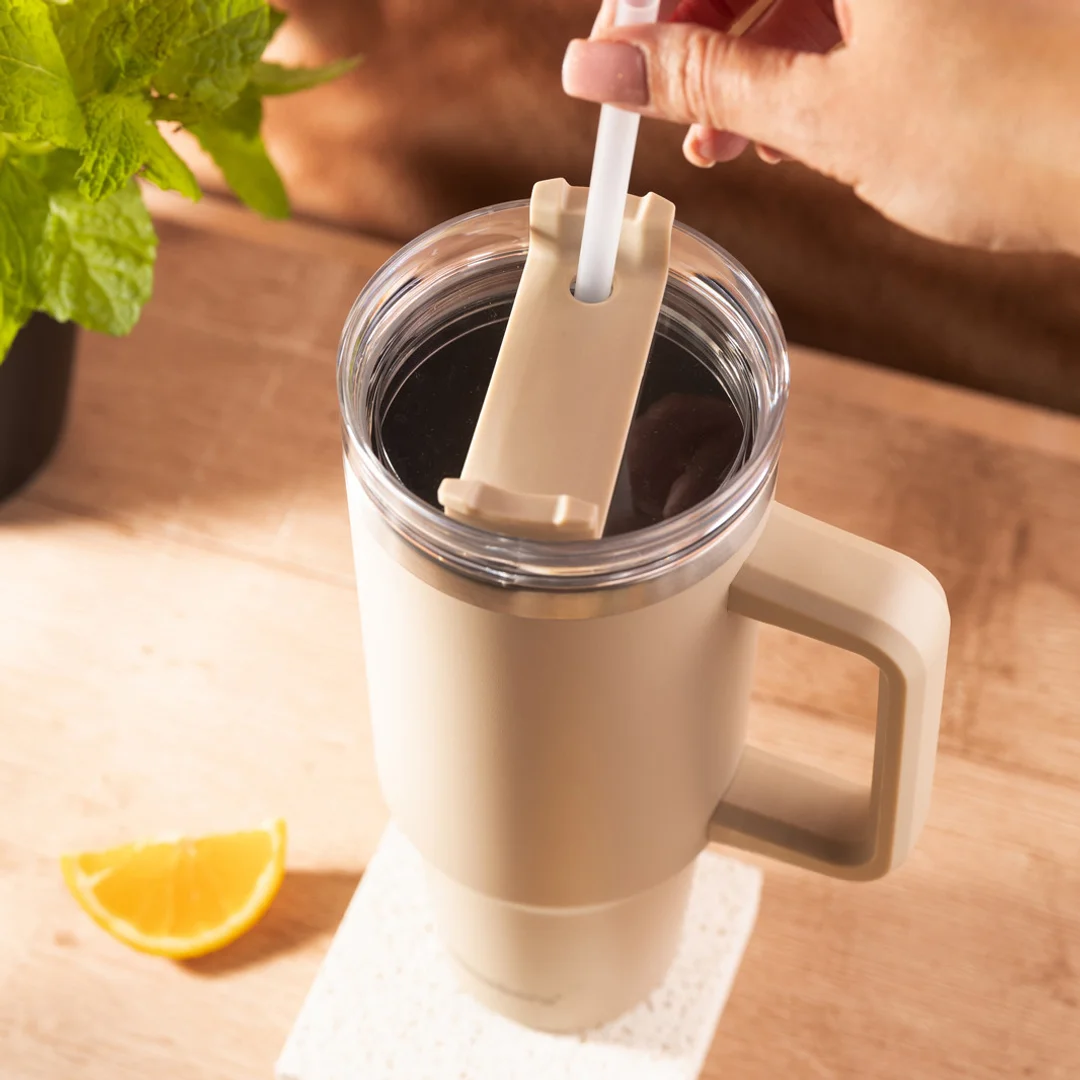 Kubek termiczny ze słomką, beżowy, 1100 ml, stal nierdzewna, Klausberg, KB-7944 — zdjęcie 8