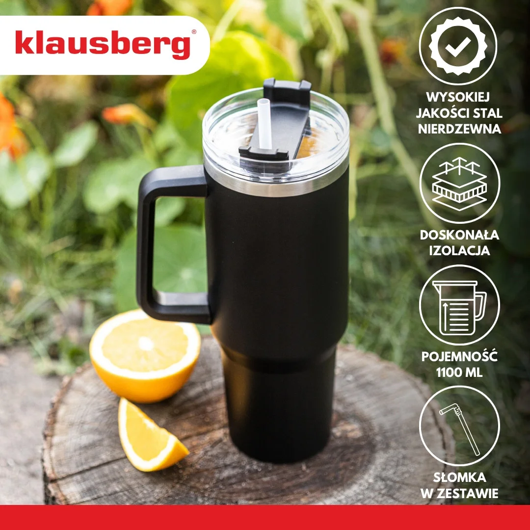 Kubek termiczny ze słomką, czarny, 1100 ml, stal nierdzewna, Klausberg, KB-7942 — zdjęcie 14