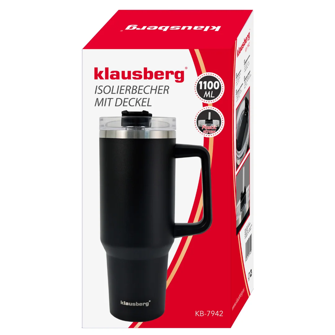 Kubek termiczny ze słomką, czarny, 1100 ml, stal nierdzewna, Klausberg, KB-7942 — zdjęcie 8