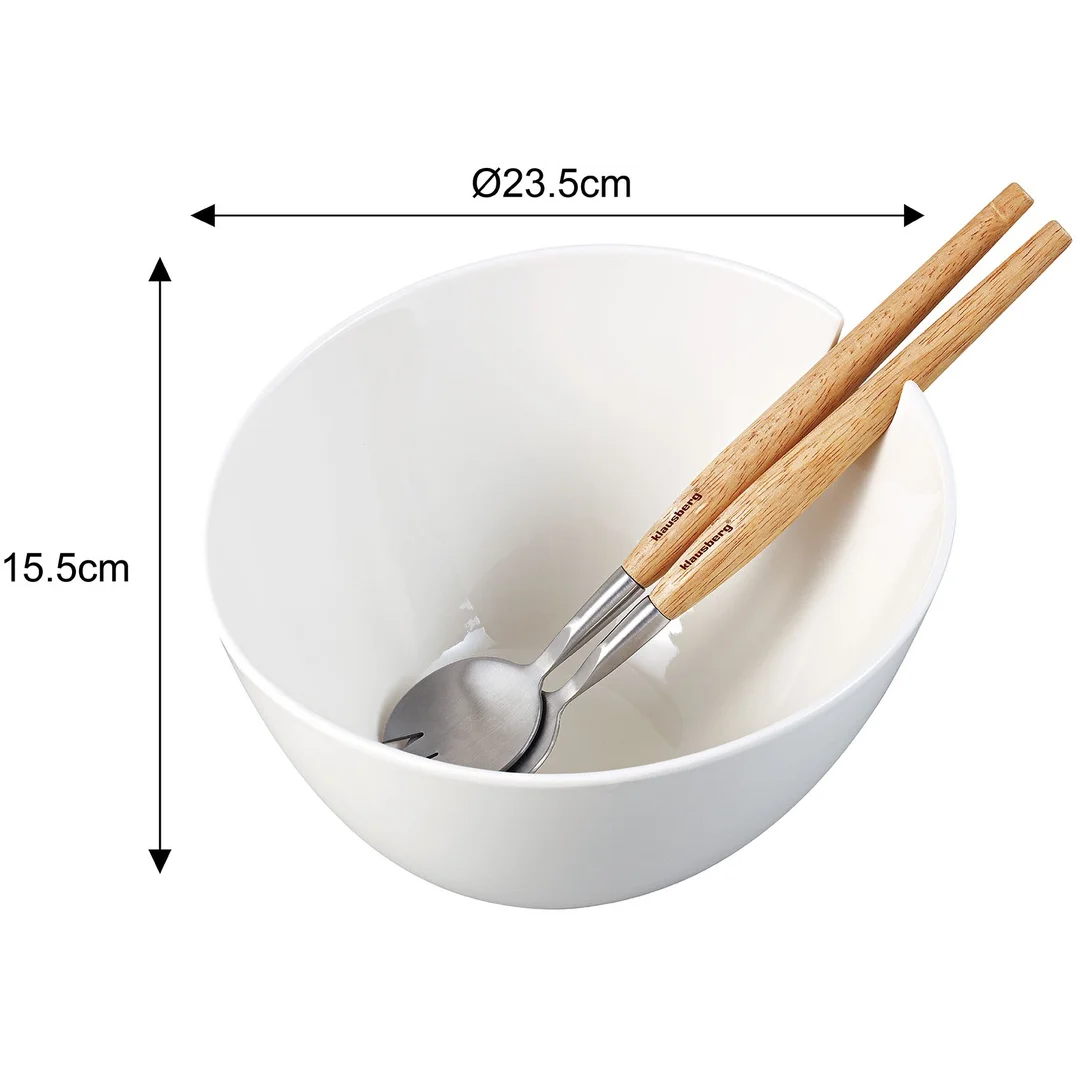 Misa ceramiczna do sałat, biała, z zestawem stalowych łyżek z drewnianymi uchwytami, Klausberg, KB-7787 — zdjęcie 3