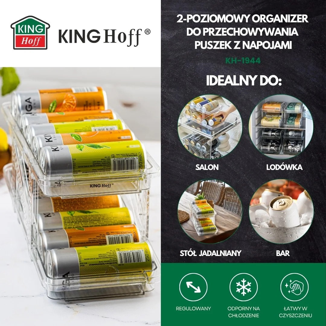 Organizer na puszki, regulowany, 2-poziomowy, przezroczysty, KINGHoff, KH-1944 — zdjęcie 6