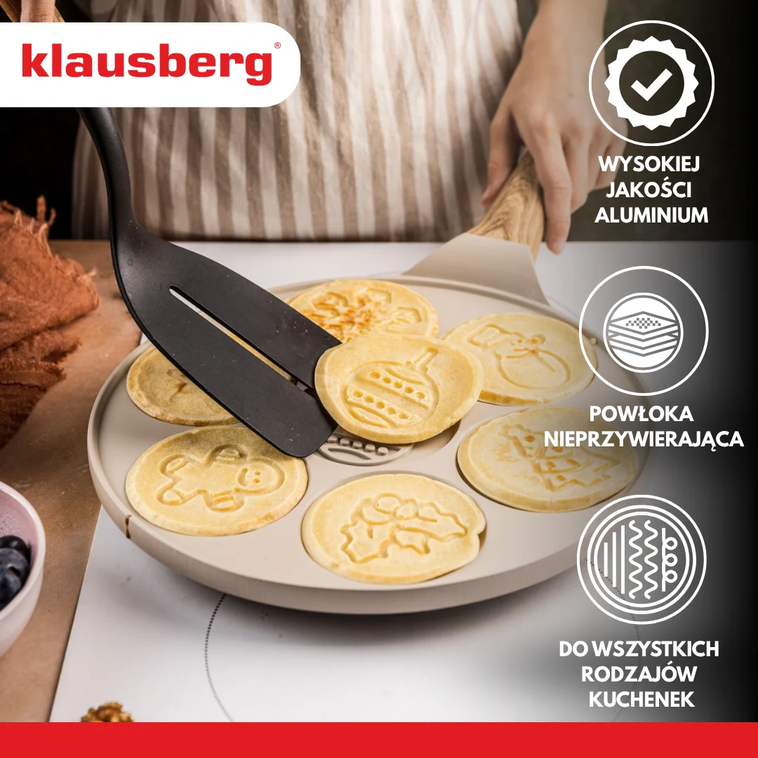 Patelnia do placków, bożonarodzeniowe wzory, aluminiowa, powłoka nieprzywierająca, beżowa, Ø26,5 cm, Klausberg, KB-7970 — zdjęcie 3