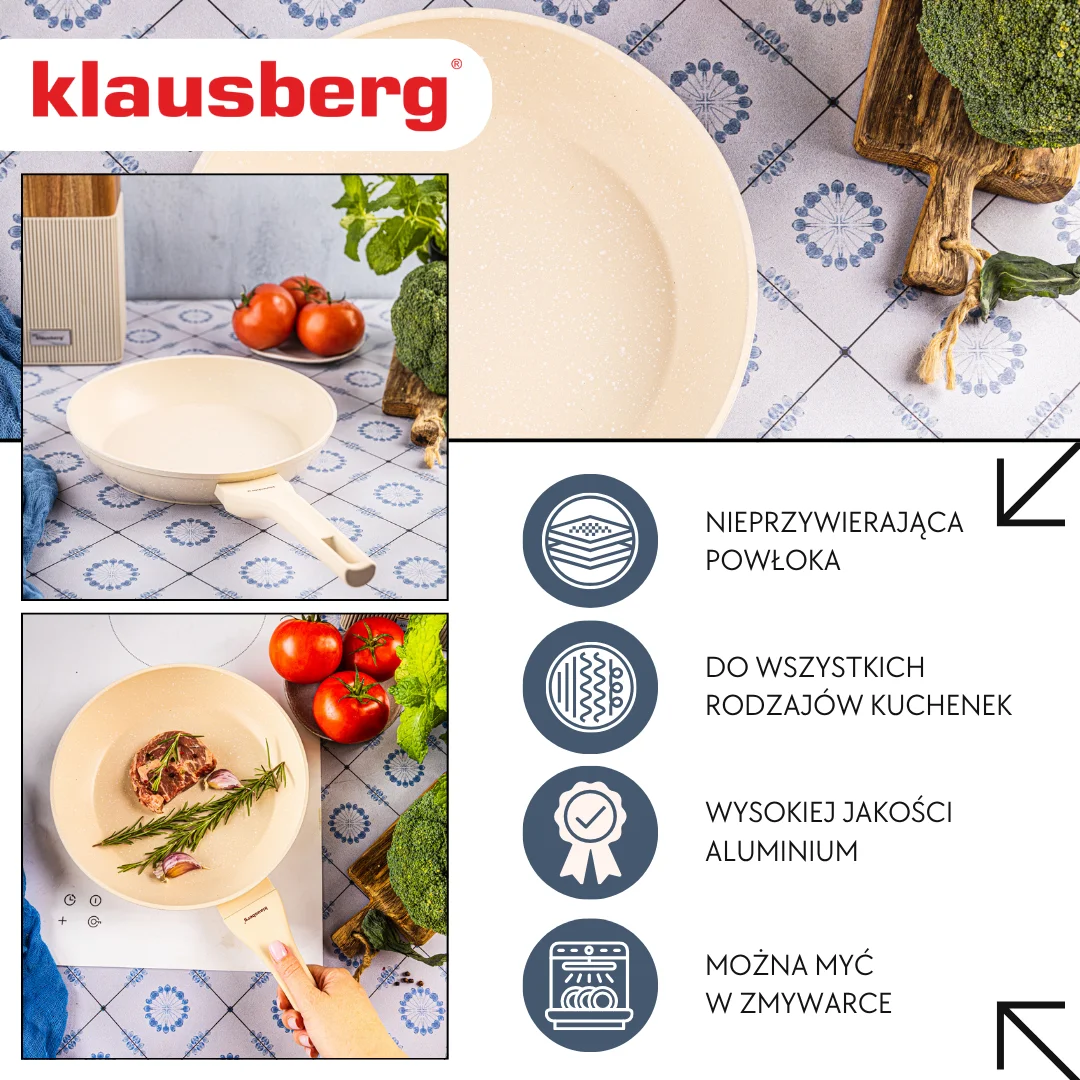 Patelnia marmurowa 24 cm kremowa, nieprzywierająca, Klausberg KB-7989 — zdjęcie 3