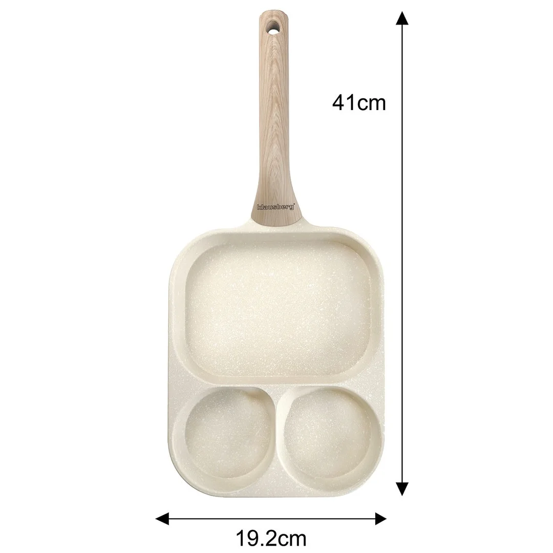Patelnia prostokątna z powłoką nieprzywieralną, 3 sekcje, beżowa z drewnopodobną rączką, 41x19,2x2,8cm, Klausberg, KB-7829 — zdjęcie 9