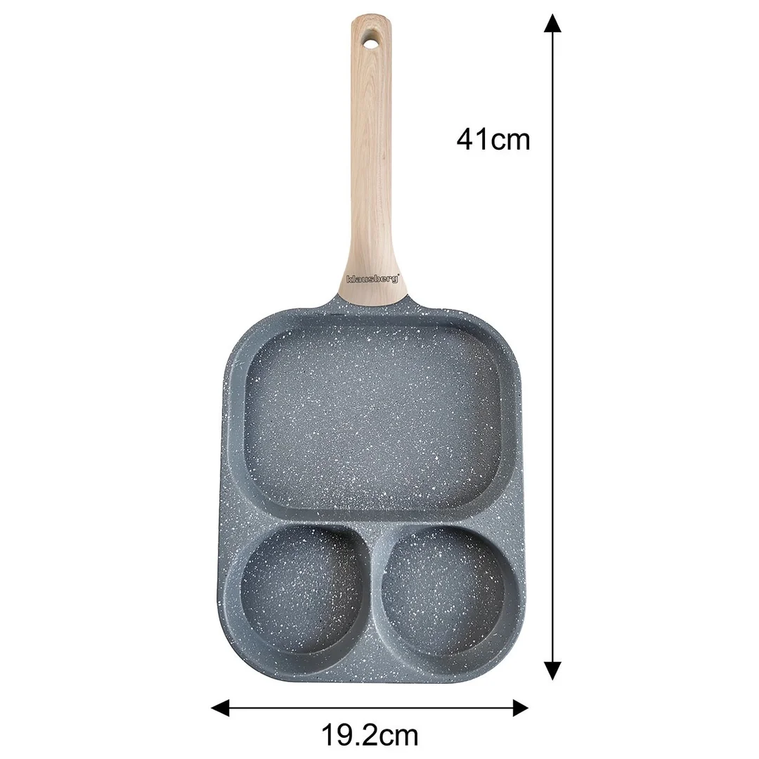 Patelnia prostokątna z powłoką nieprzywieralną, 3 sekcje, szara z drewnopodobną rączką, 41x19,2x2,8cm, Klausberg, KB-7828 — zdjęcie 7
